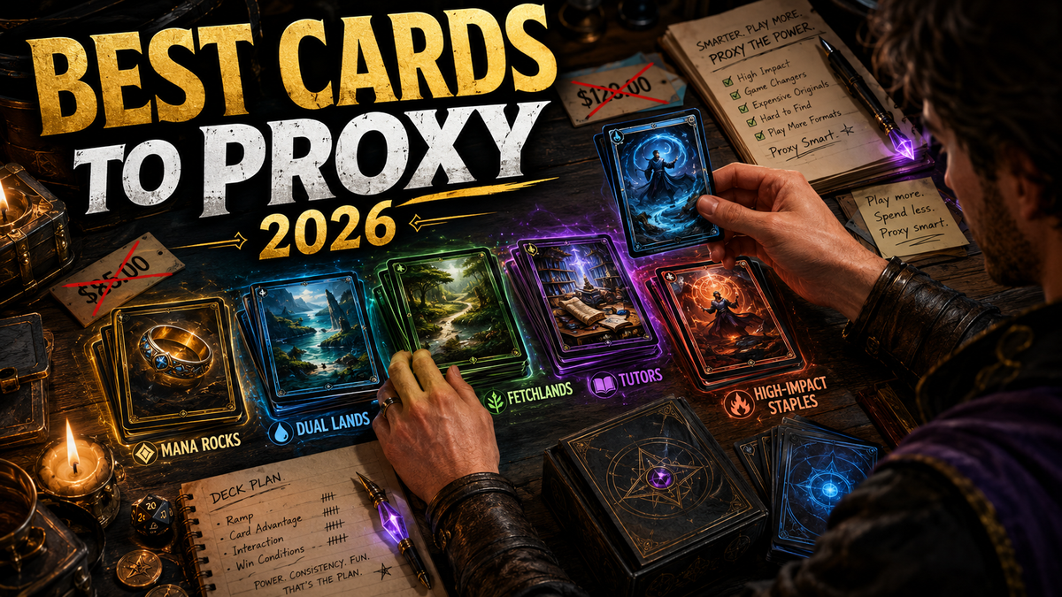 Best MTG cards to proxy in 2026 guide showing powerful Commander staples, dual lands, mana rocks, fetchlands, tutors, and rare Magic cards players often proxy.