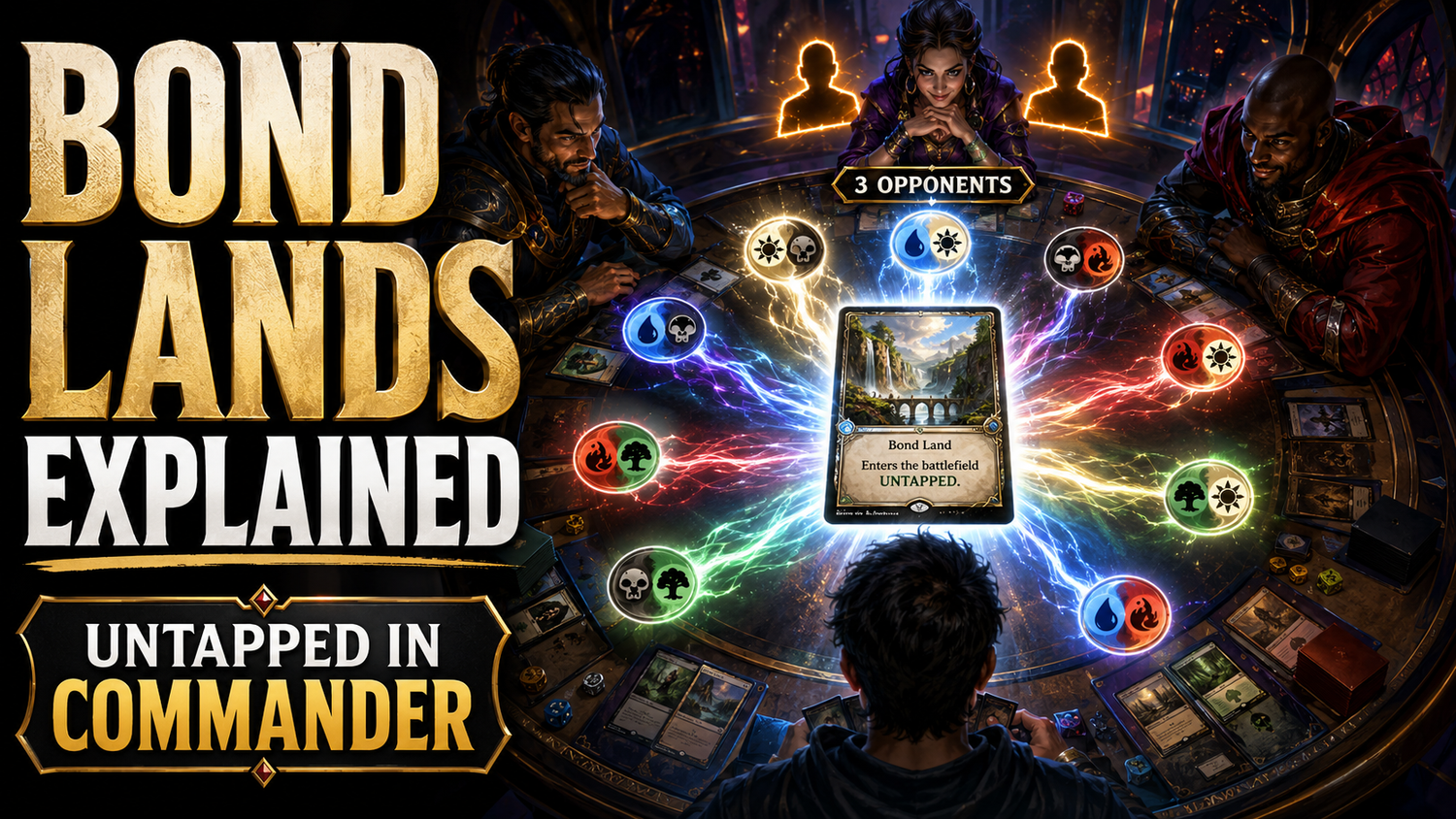 MTG Bond Lands guide showing multiplayer Commander dual lands entering untapped with three opponents, featuring Battlebond and Commander Legends land cycles for EDH mana bases.