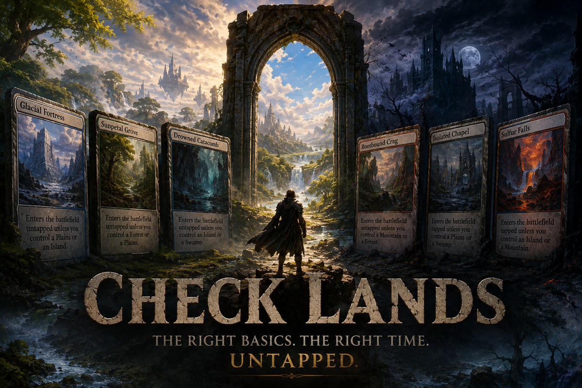 MTG Check Lands guide image showing a cloaked figure entering a glowing land portal, with fantasy landscapes representing basic land types and check lands entering untapped when the right land type is already controlled.