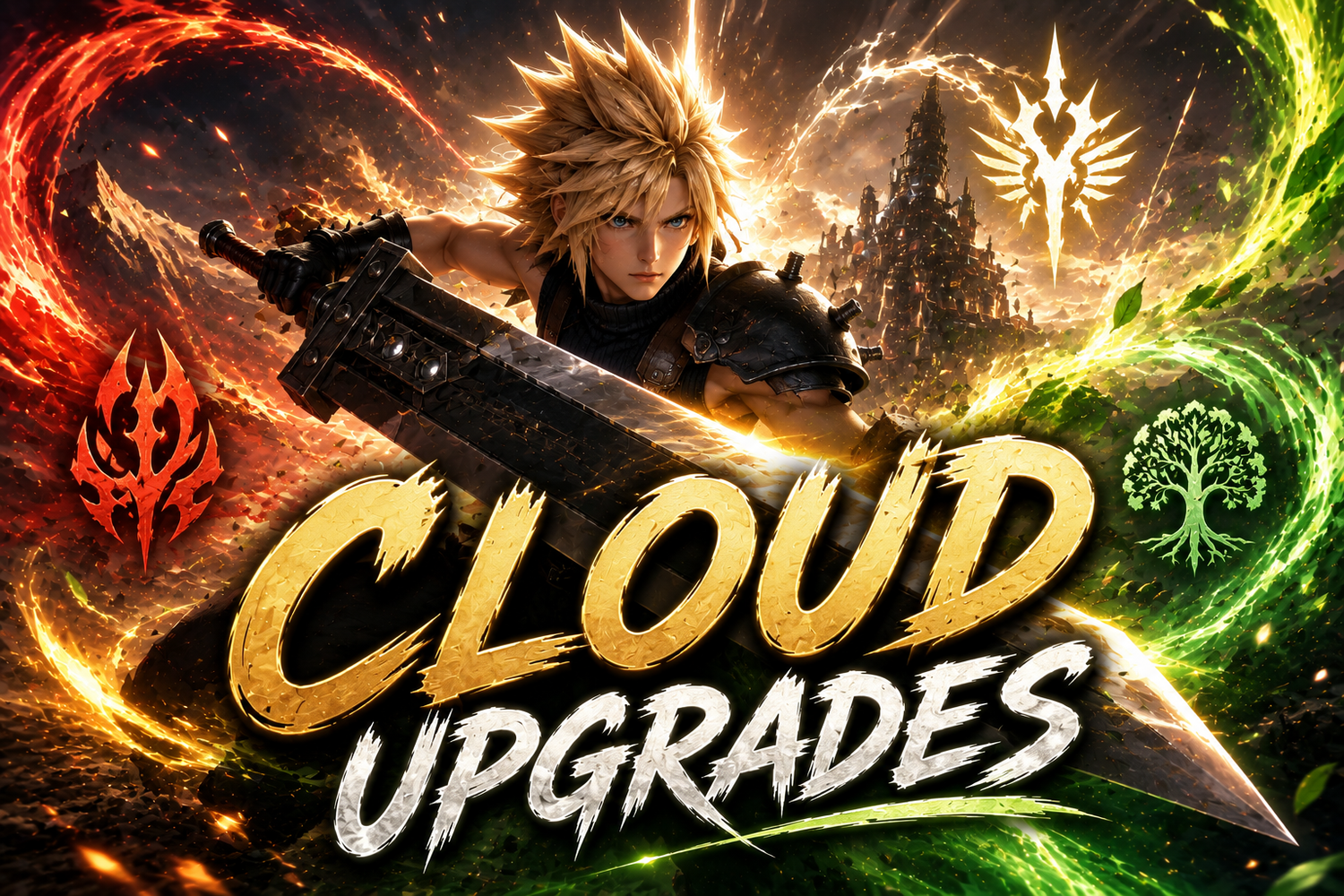 Cloud Limit Break upgrade guide for Final Fantasy Commander, showing Cloud wielding a massive magical sword with explosive Naya energy, Equipment upgrades, and Voltron fantasy visuals.