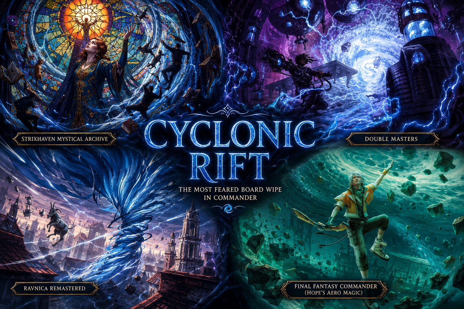 Cyclonic Rift proxy guide artwork showing the different Cyclonic Rift art styles as living storm scenes, with blue vortex magic, overloaded board wipe energy, Ravnica city chaos, and Final Fantasy Aero magic.