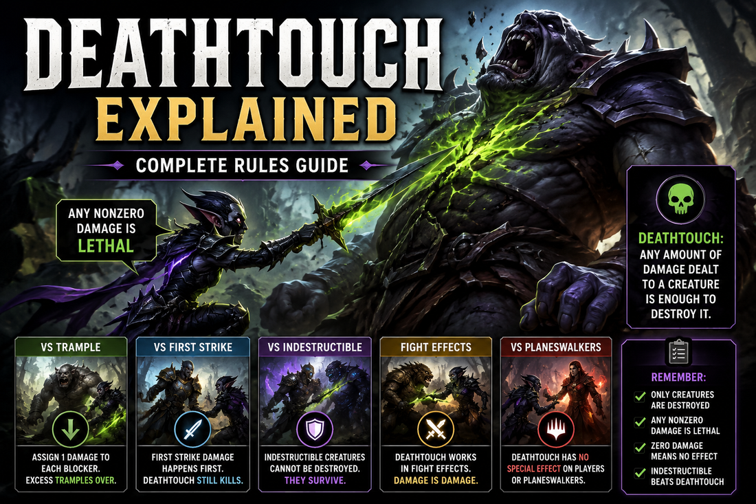 MTG Deathtouch rules guide showing a small poisonous creature defeating a much larger monster, explaining deathtouch interactions with trample, first strike, and indestructible.