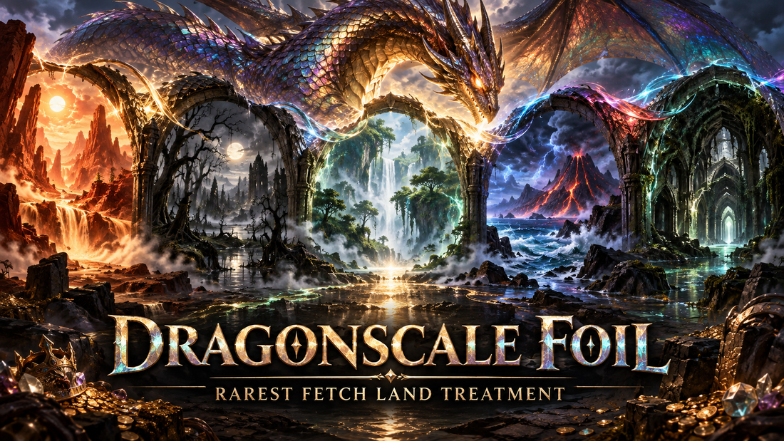 Dragonscale Foil guide image showing a massive iridescent dragon flying over five fantasy land realms, with glowing mana landscapes and the title Dragonscale Foil.