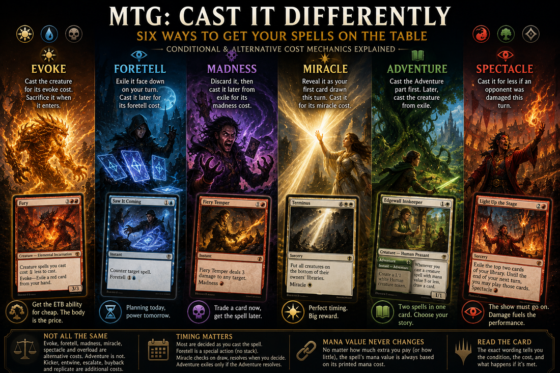 MTG Evoke, Foretell, Madness, Miracle, Adventure and Spectacle guide image showing alternative-cost mechanics, hidden foretold cards, madness discard, miracle timing, adventure spells, and Commander casting rules.