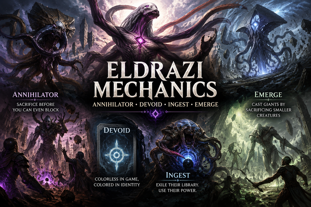 MTG Annihilator, Devoid and Eldrazi mechanics guide image showing massive Eldrazi creatures, colorless magic, sacrifice effects, ingest, emerge, and Commander battlefield chaos.