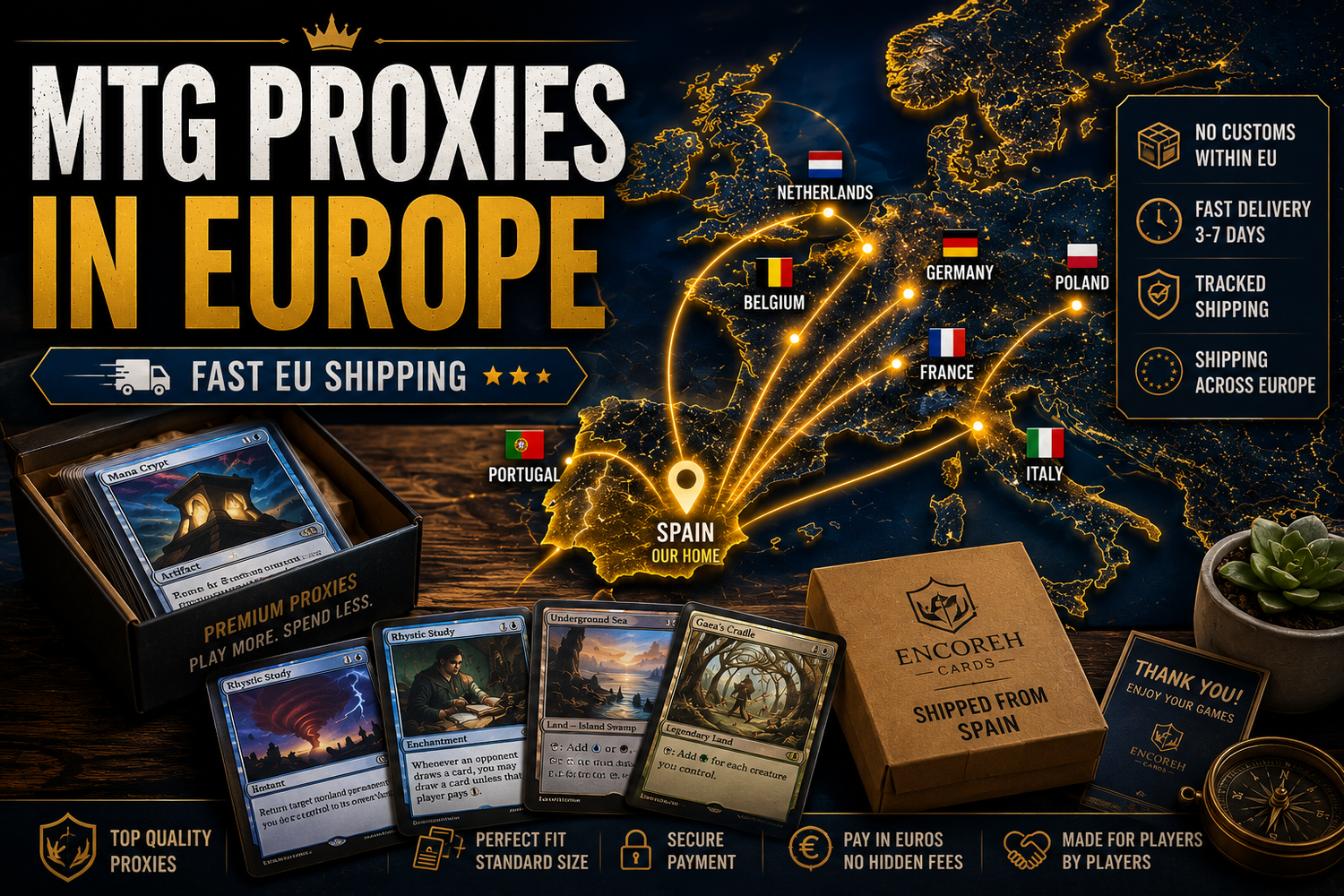 European MTG proxy cards guide showing proxy cards shipped from Spain across Europe, with delivery routes to countries like Germany, France, Italy, Netherlands, Belgium, and Portugal.