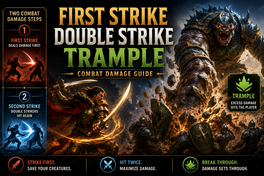 MTG First Strike, Double Strike and Trample rules guide showing a dramatic combat scene with two combat damage steps, a double strike attacker, and trample damage breaking through blockers.