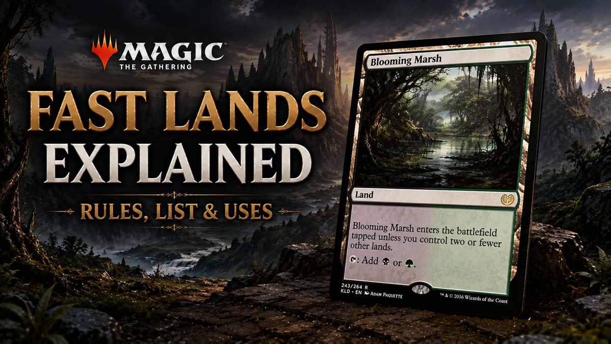 MTG Fast Lands guide image showing a dramatic rocky fantasy landscape with a Blooming Marsh card and the title Fast Lands Explained, representing dual lands that enter untapped in the opening land drops.