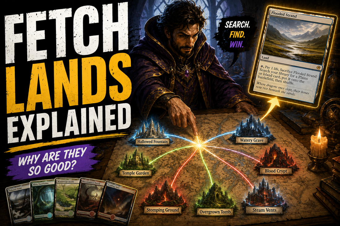 Fetch lands explained guide featuring a Commander player studying mana base connections between fetch lands, shock lands, and color fixing for EDH decks.
