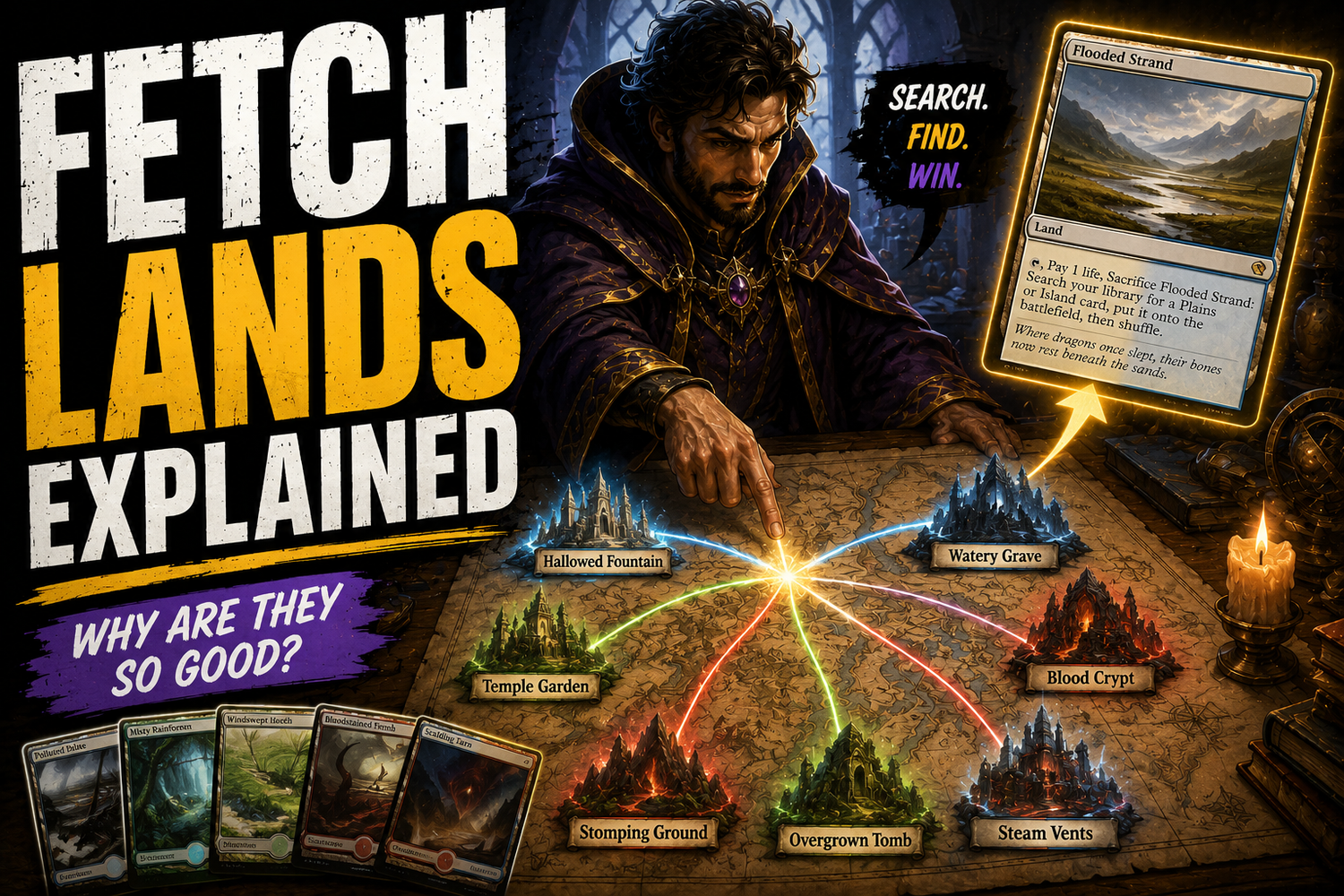 Fetch lands explained guide featuring a Commander player studying mana base connections between fetch lands, shock lands, and color fixing for EDH decks.