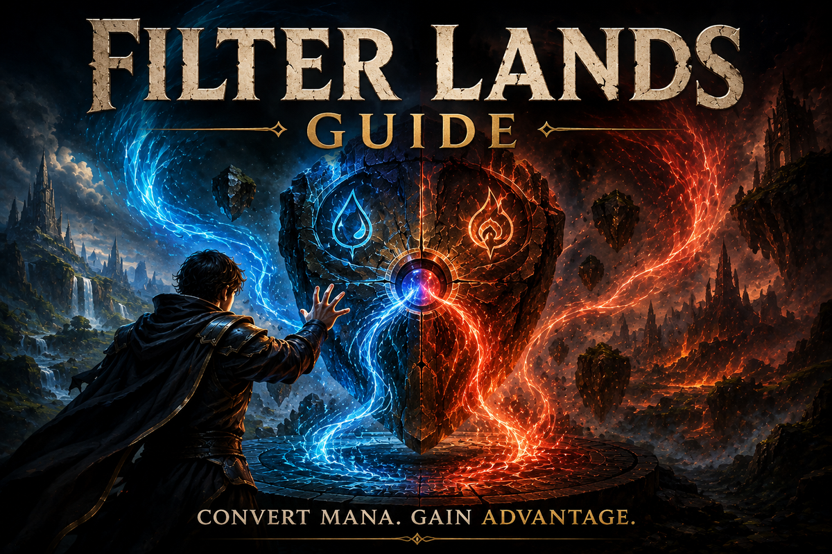 MTG Filter Lands guide image showing a cloaked mage converting blue and red mana through a floating stone monolith, representing filter lands turning one coloured mana into stronger double-colour combinations.