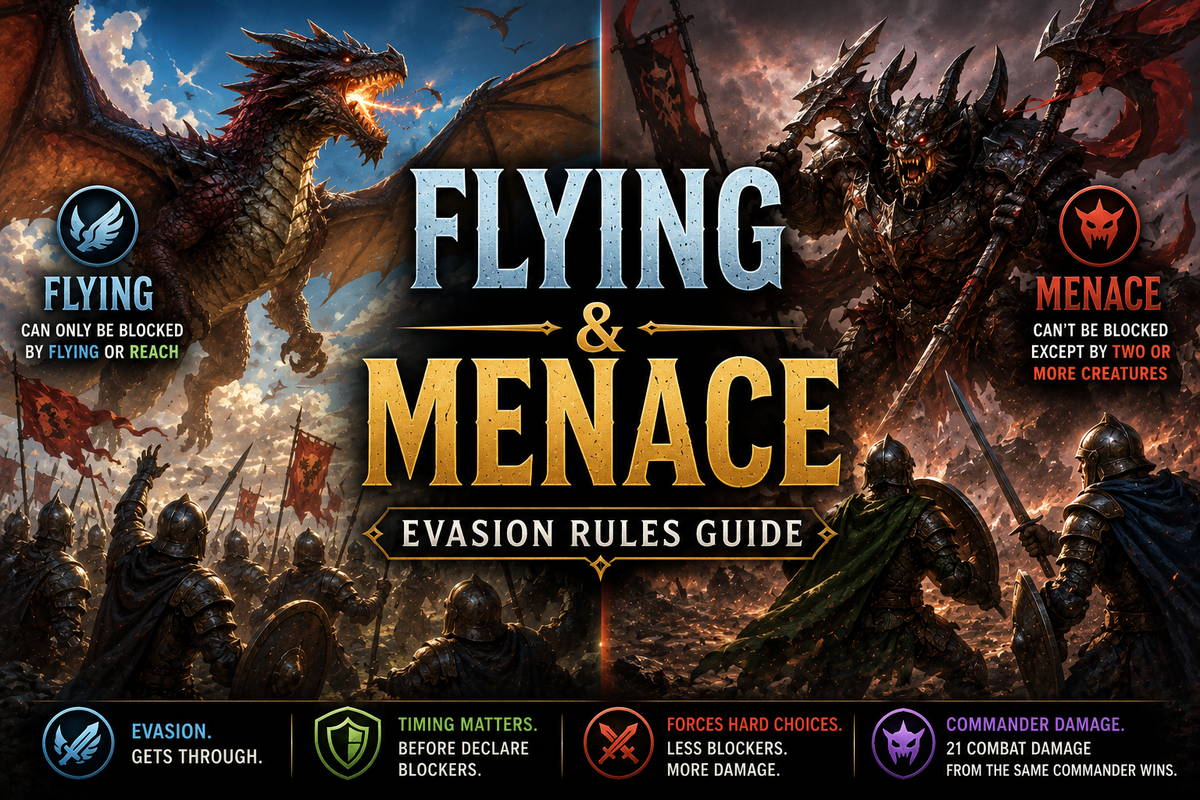 MTG Flying and Menace rules guide showing evasive creatures attacking through blockers, with a flying dragon and a menace attacker demonstrating Commander combat evasion.