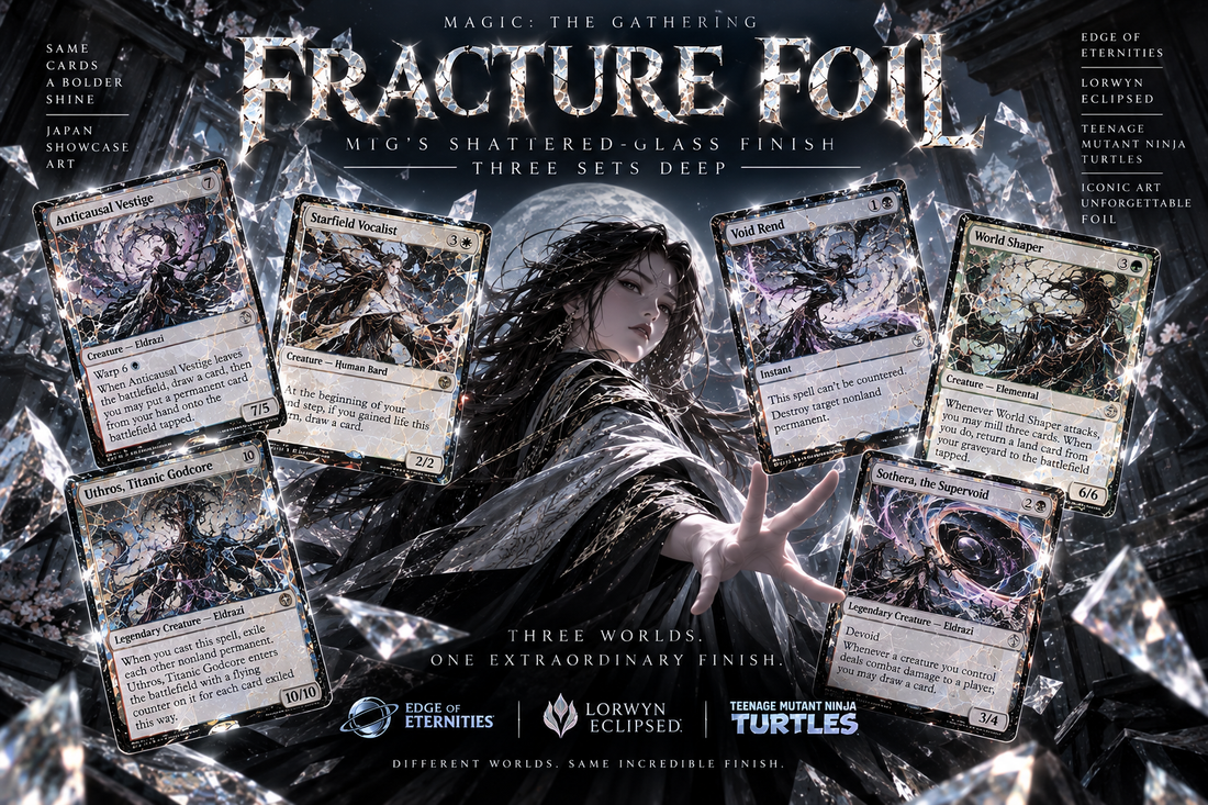 Fracture Foil guide image showing English MTG cards surrounded by silver shattered glass effects, moonlit fantasy scenery and the title Fracture Foil.