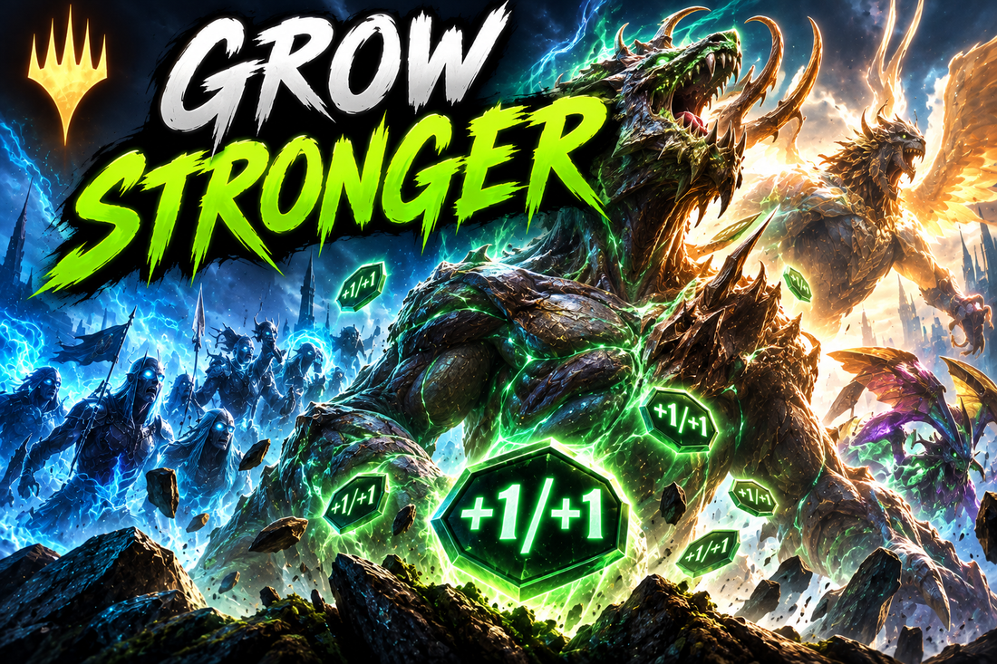 MTG Devour, Amass, Graft, Evolve and Adapt guide image showing a massive creature growing stronger with glowing +1/+1 counters, magical energy, evolving monsters, armies, and Commander counter mechanics.