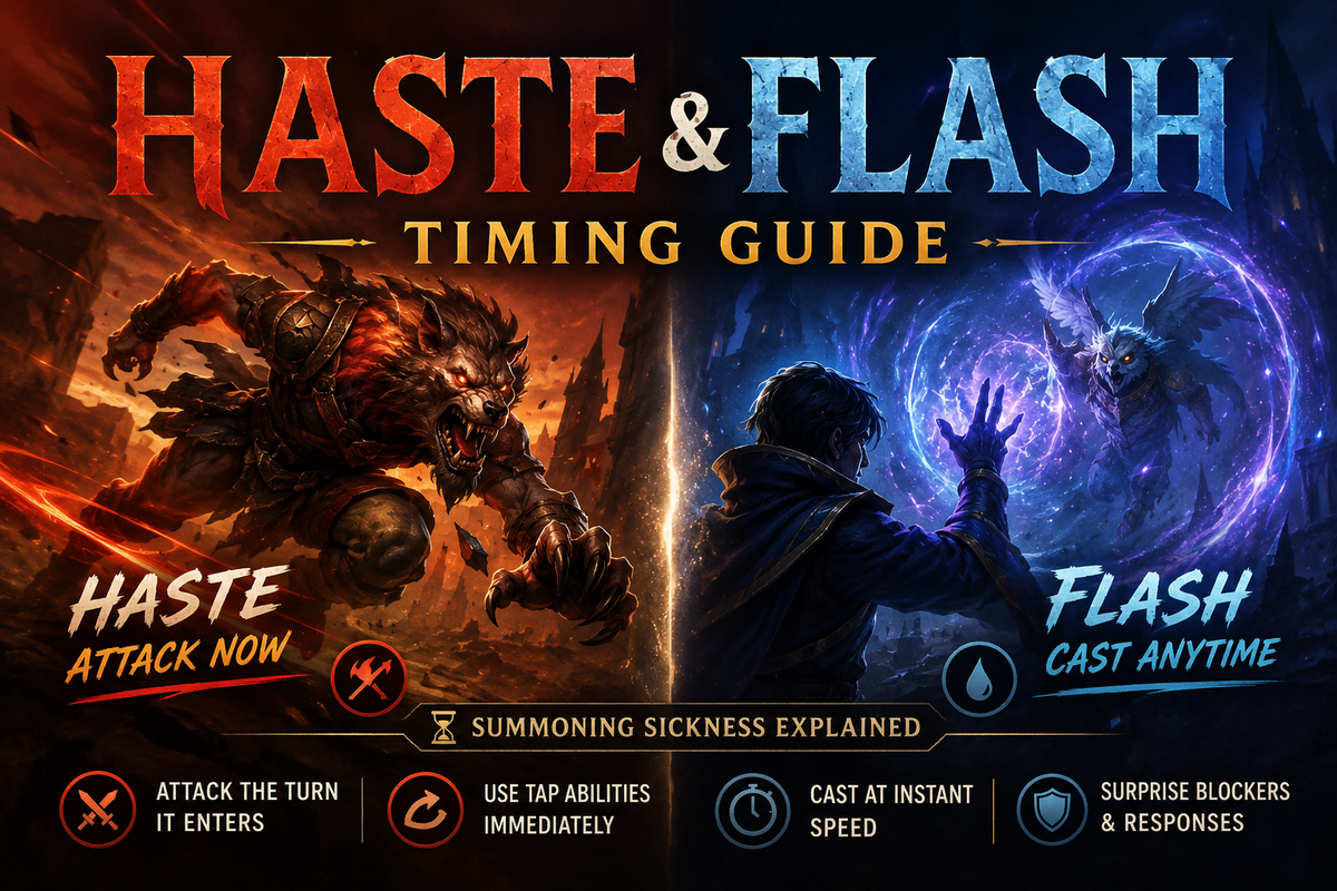 MTG Haste and Flash rules guide showing a fast attacking creature and a flash creature entering at instant speed, explaining summoning sickness, blocking, and timing rules.