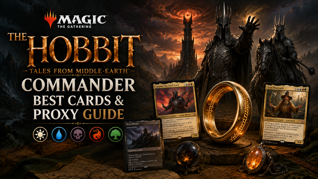 The Hobbit Commander MTG guide image showing a dark fantasy battlefield with a glowing ring, armored dark lord, wraith rider, tower, fantasy cards, relics and the title Commander Best Cards & Proxy Guide.