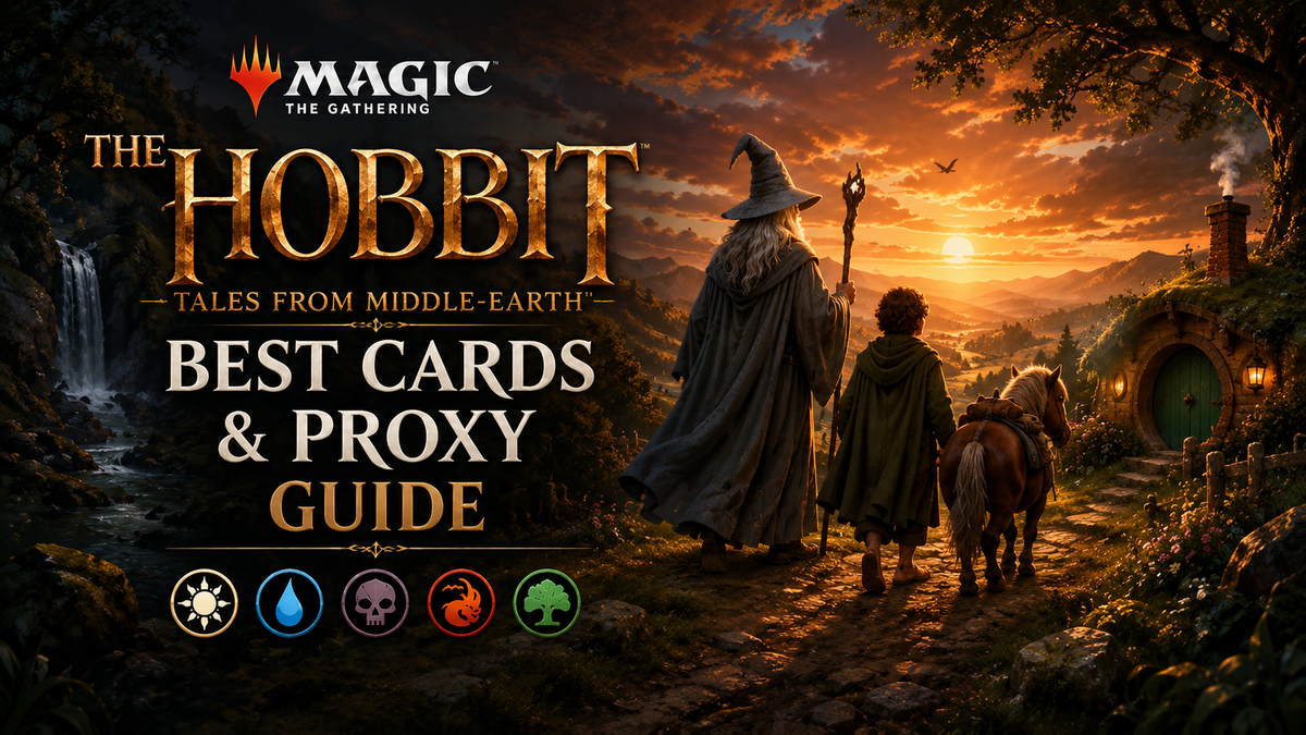 The Hobbit MTG guide image showing a wizard, a halfling traveler and a pack pony walking toward a golden sunset beside a hillside home, with mountains, waterfalls and the title Best Cards & Proxy Guide.
