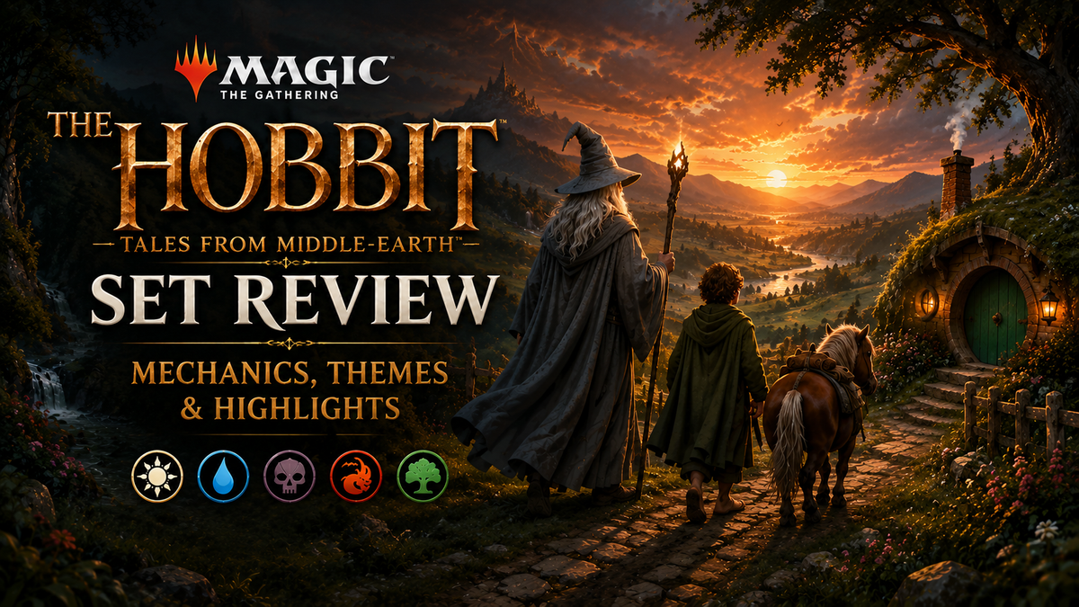 The Hobbit MTG set review image showing a wizard, a halfling traveler and a pack pony walking through a golden fantasy valley beside a hillside home, with mountains, waterfalls and the title Set Review.