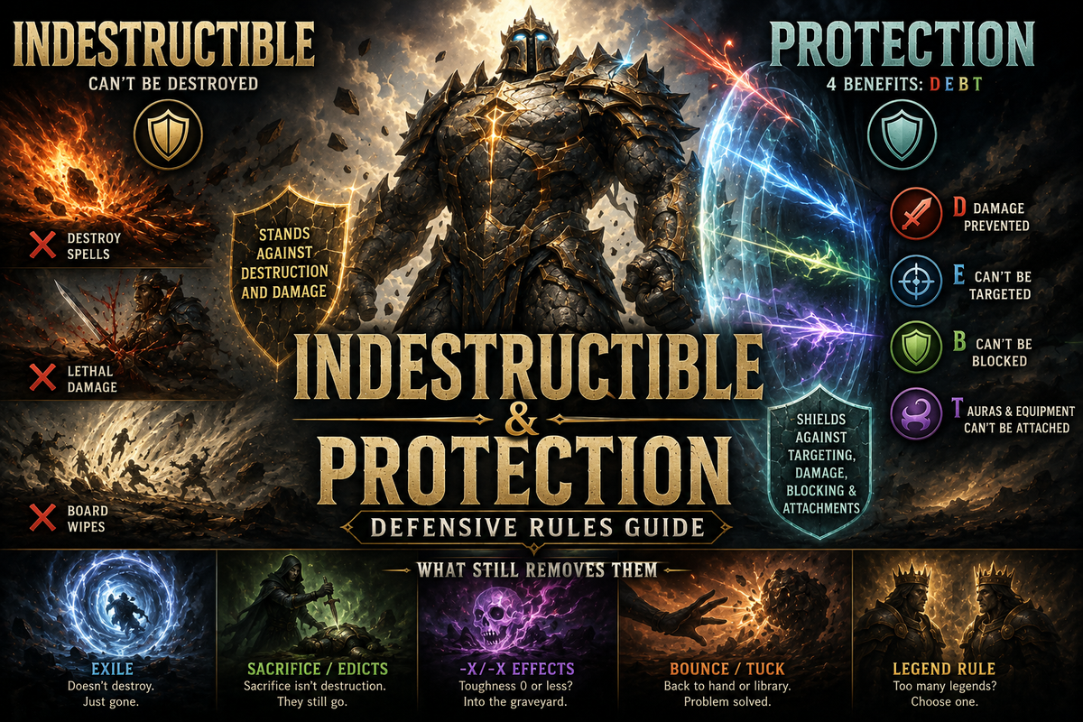 MTG Indestructible and Protection rules guide showing a powerful creature surviving destruction behind a magical shield, with exile, sacrifice, board wipes, and protection effects represented around it.