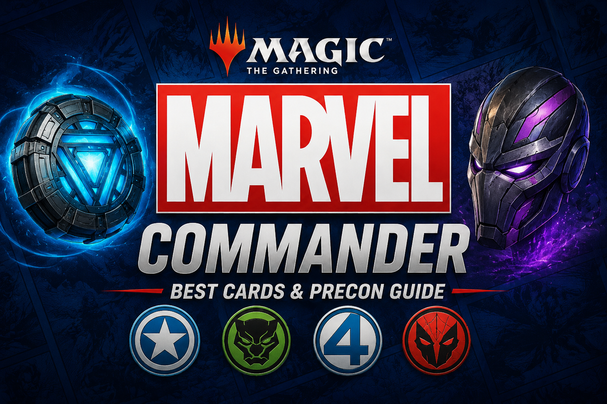 Marvel Super Heroes Commander guide image showing four original superhero commander factions around a glowing battlefield table, representing precon decks, villains, heroes, artifacts, and multiplayer strategy.