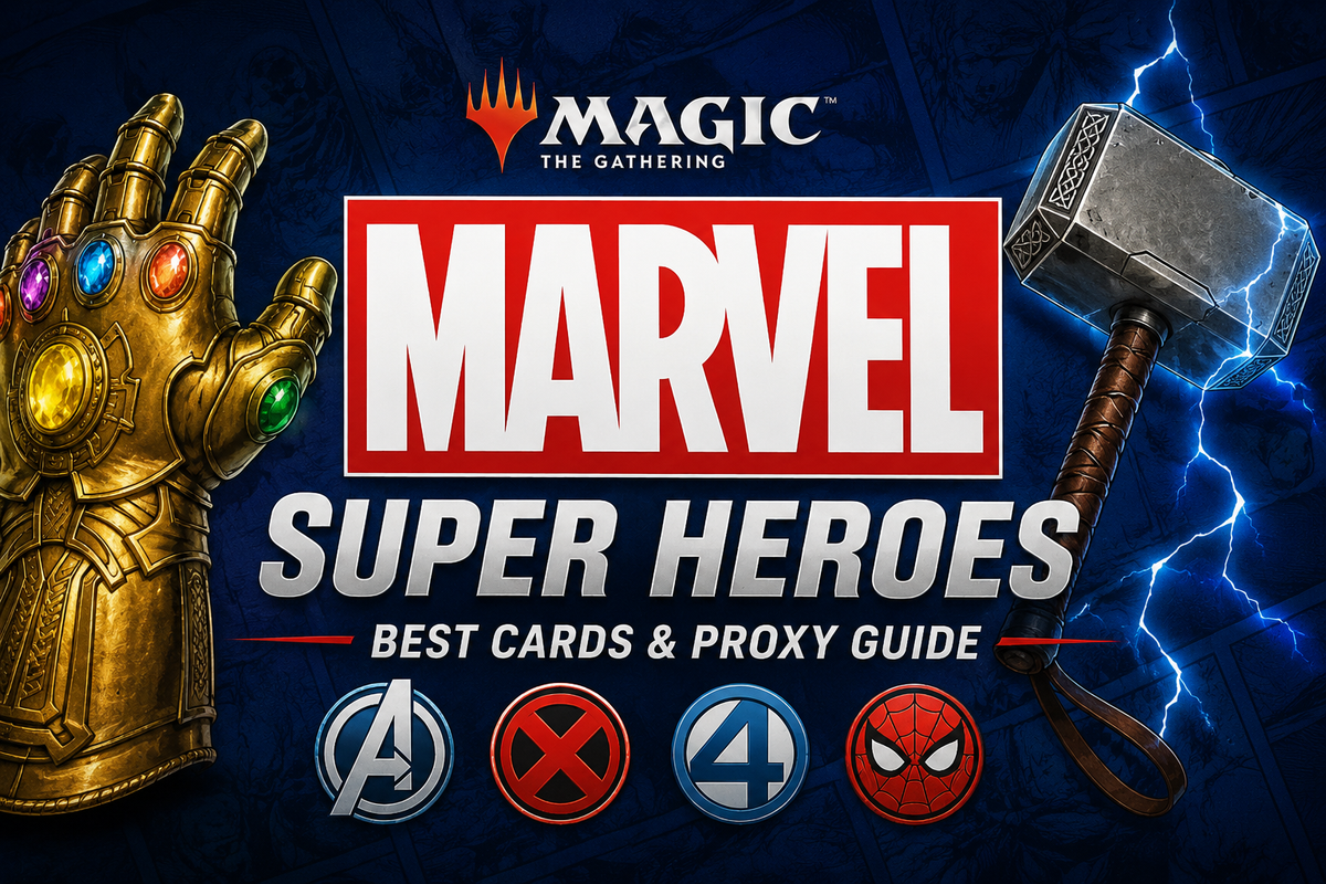 Marvel Super Heroes MTG guide image showing a bold comic-style fantasy banner with a cosmic gauntlet, lightning hammer, superhero symbols, and the title Best Cards & Proxy Guide.
