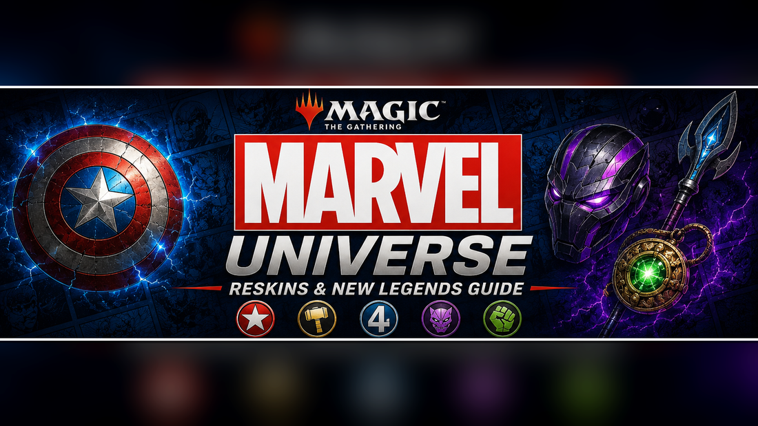 Marvel Universe MTG guide image showing original superhero-inspired relics, a glowing shield, futuristic armor, storm magic, mystic claws, and Commander staple cards reimagined as fantasy artifacts.
