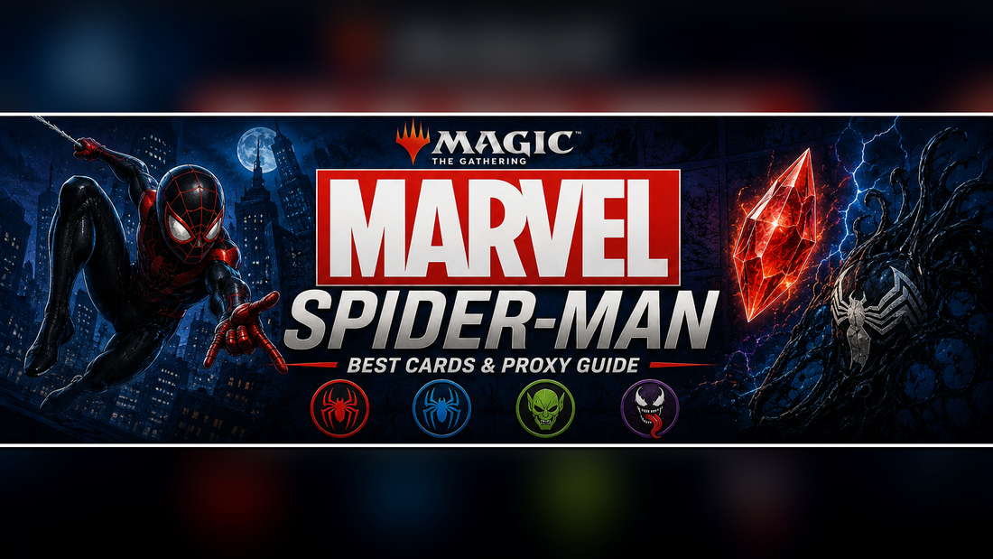 Marvel’s Spider-Man MTG guide image showing an original web-slinging hero above a neon city skyline, a glowing soul gem, dark symbiote shadows, and a dramatic comic-style fantasy scene.