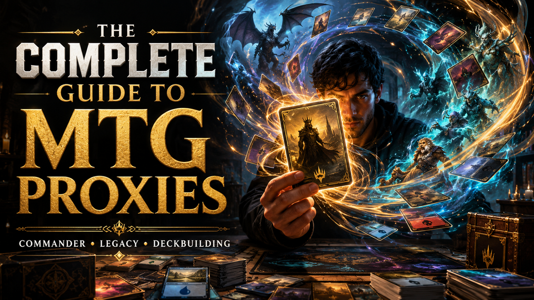Complete guide to MTG proxy cards featuring a Commander player building a dream deck with iconic Magic: The Gathering cards and high-quality proxy cards.