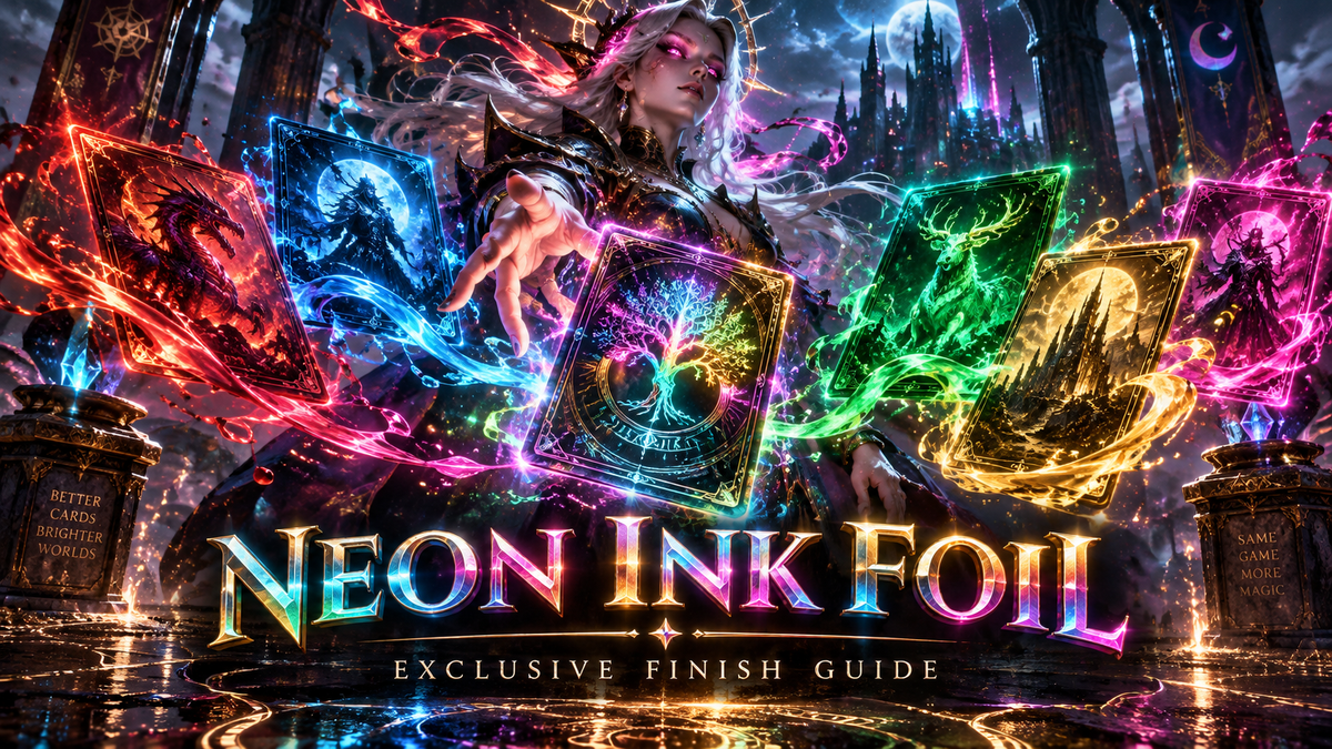 Neon Ink Foil guide image showing a fantasy mage summoning glowing red, blue, green, yellow and pink neon cards, with magical energy effects and the title Neon Ink Foil.