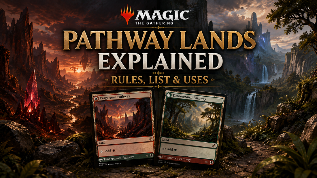 MTG Pathway Lands guide image showing a split fantasy landscape with a fiery red canyon on one side and a green-blue waterfall wilderness on the other, representing Pathway lands choosing one colour as they enter.
