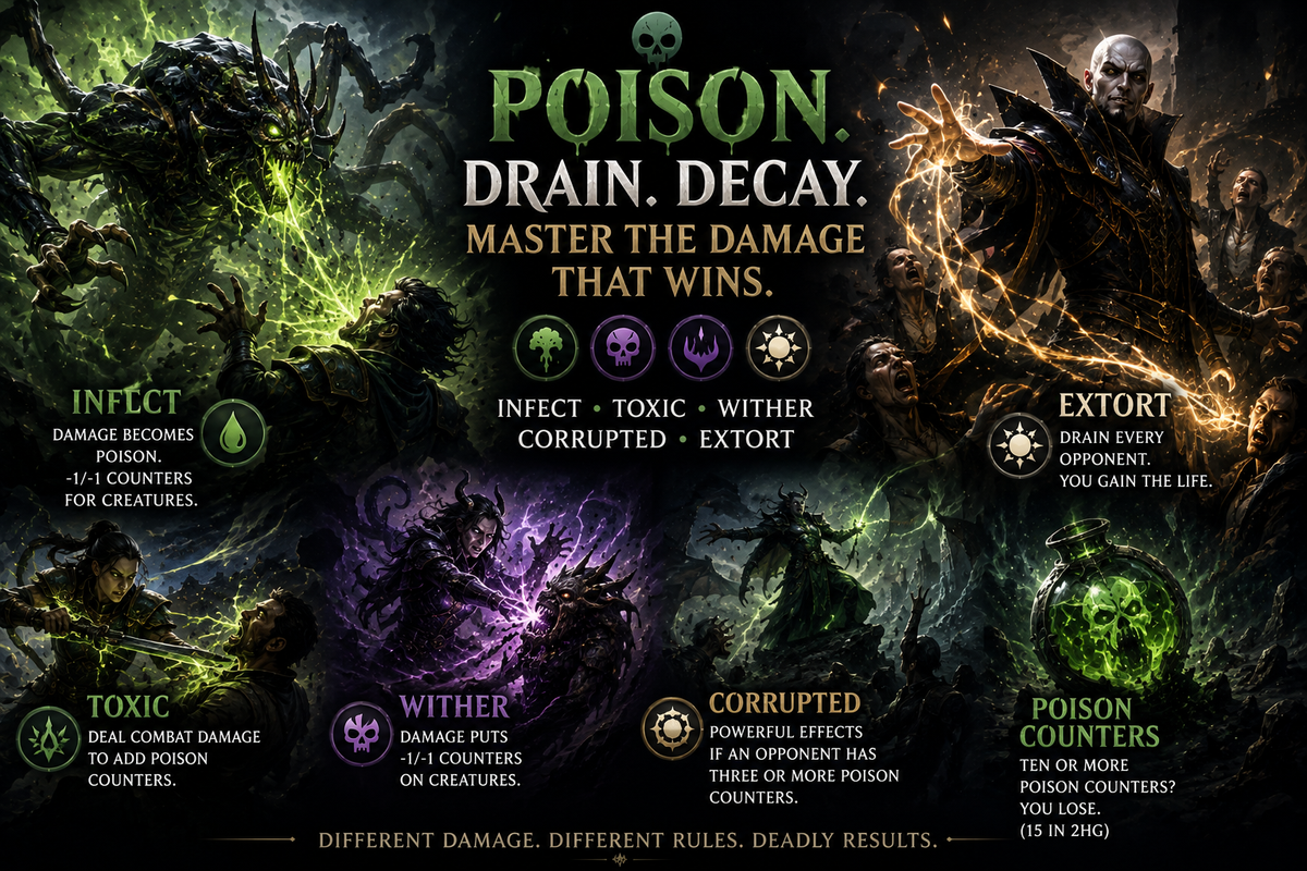 MTG Infect, Toxic, Wither and Extort mechanics guide image showing poison counters, green infect damage, toxic attacks, wither decay, corrupted effects, and extort life drain in a dark Commander battlefield.