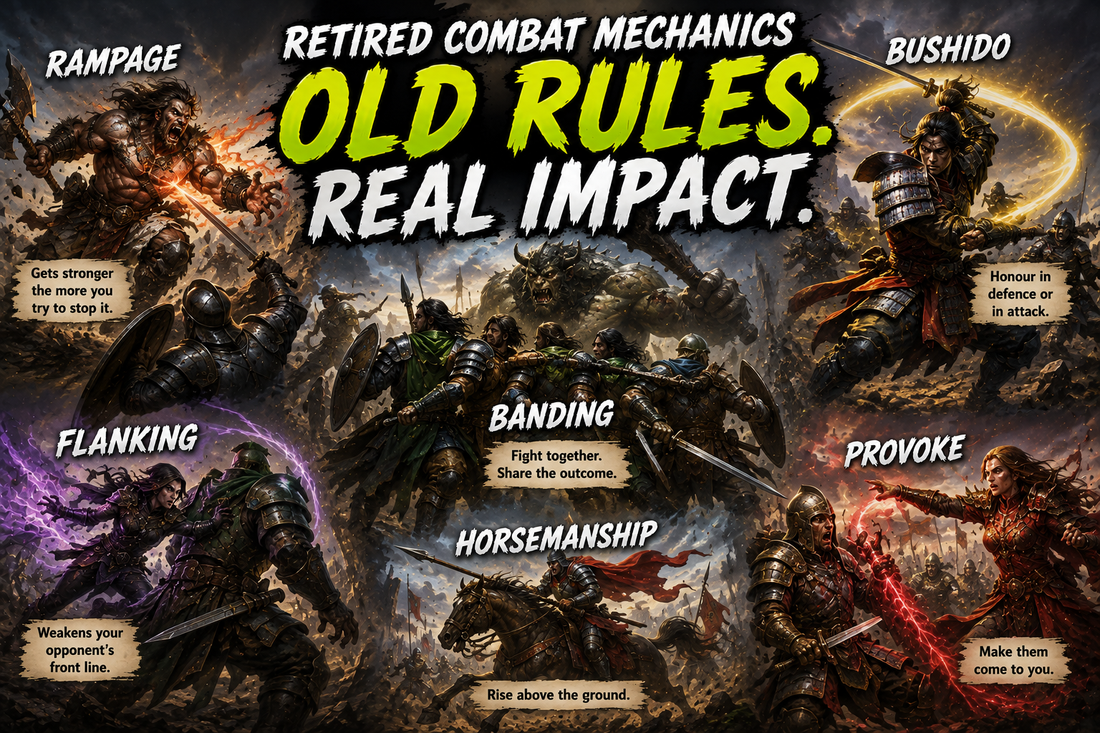 MTG Rampage, Bushido, Flanking, Provoke, Banding and Horsemanship guide image showing an old-school fantasy battlefield with warriors, cavalry, forced blocks, combat formations, and retired Magic combat mechanics.