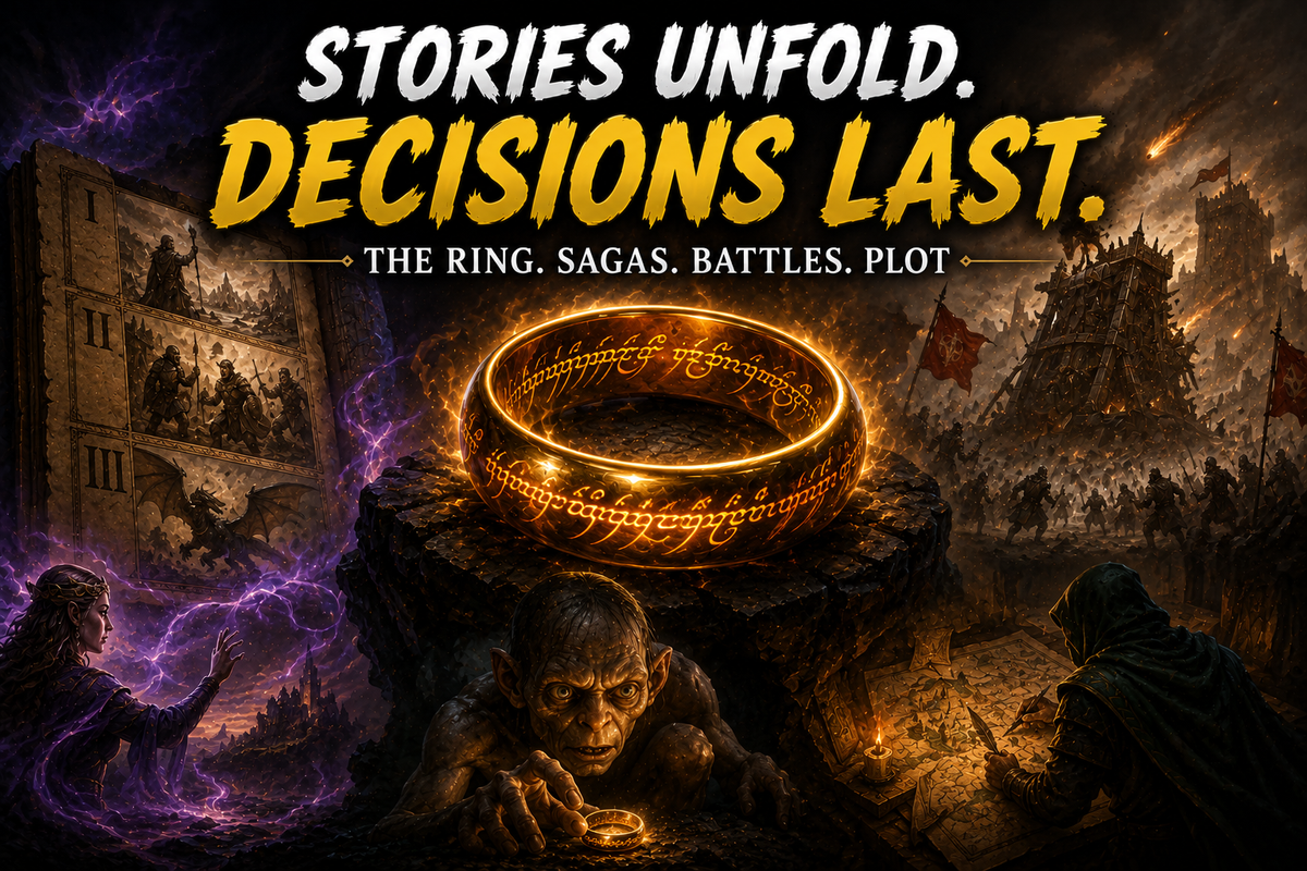 MTG The Ring, Sagas, Battles and Plot guide image showing a glowing magical ring, unfolding saga chapters, a fortress battle, dark temptation, and fantasy storytelling mechanics.