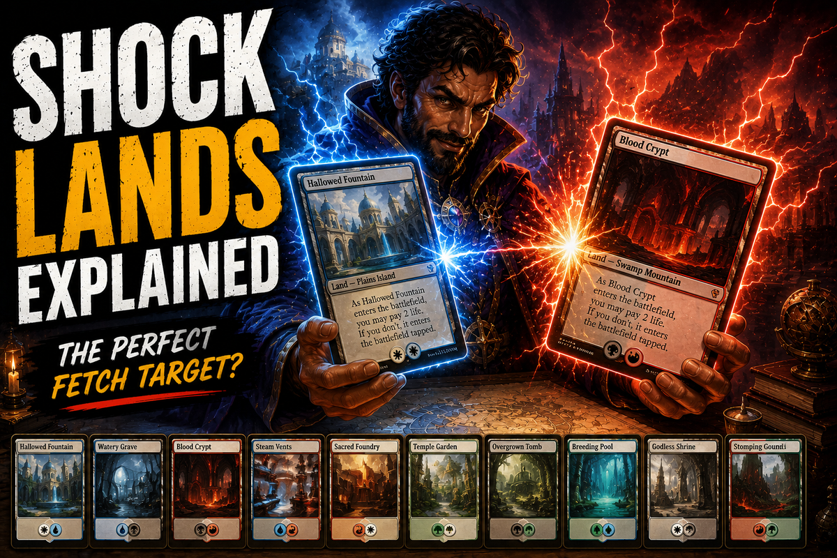 Shock lands explained guide showing a Commander player holding powerful dual lands while demonstrating mana fixing, color flexibility, and fetch land interactions in EDH.