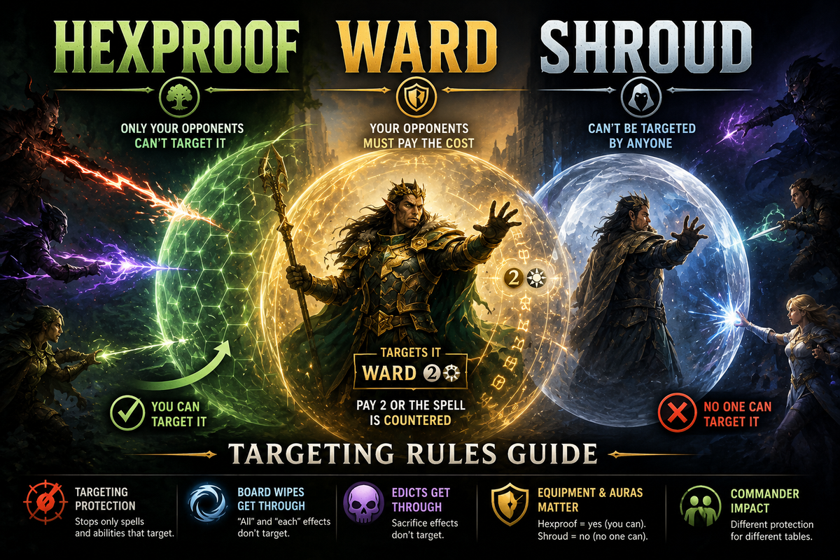 MTG Hexproof, Ward and Shroud rules guide showing a protected Commander surrounded by magical shields, explaining targeting protection, ward costs, equipment, board wipes, and removal.