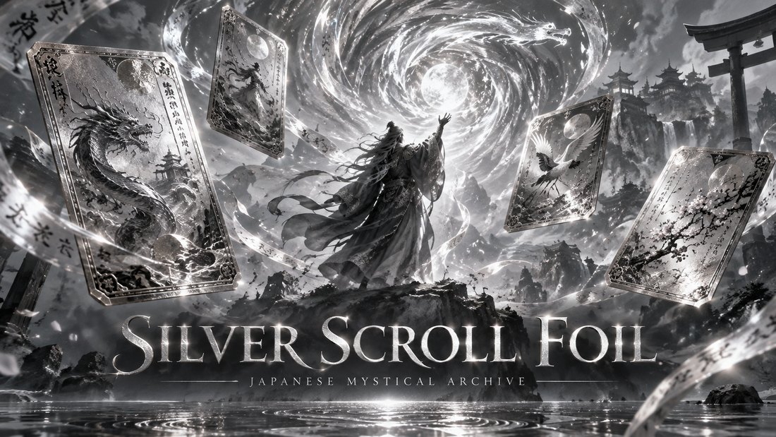 Silver Scroll Foil guide image showing silver Japanese mystical archive cards floating around a spellcaster, with moonlit silver magic, ink brush details and the title Silver Scroll Foil.