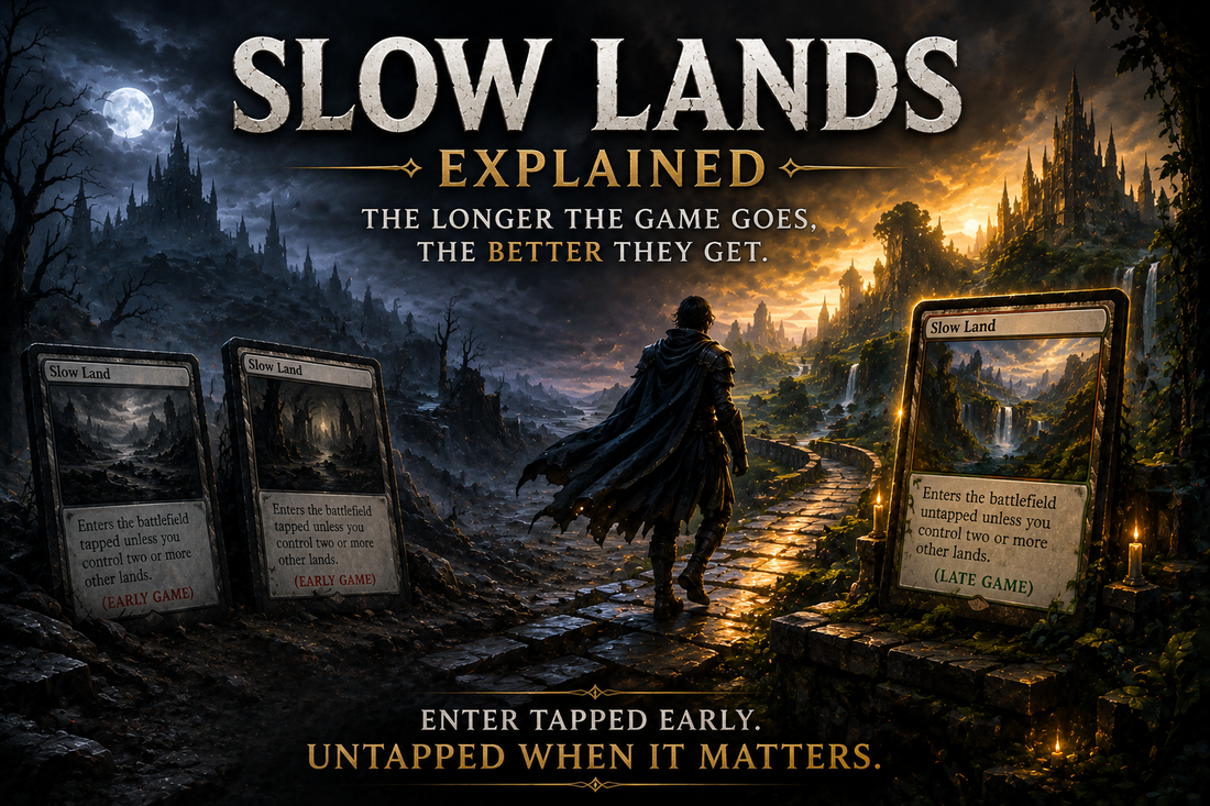 MTG Slow Lands guide image showing a cloaked figure walking from a dark early-game landscape into a golden late-game mana base, representing slow lands entering tapped early and untapped once the game develops.