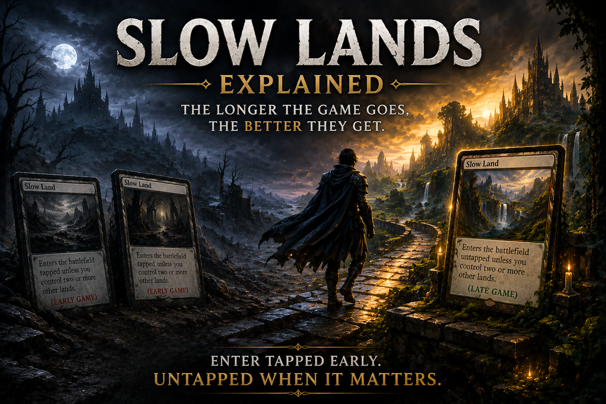 MTG Slow Lands guide image showing a cloaked figure walking from a dark early-game landscape into a golden late-game mana base, representing slow lands entering tapped early and untapped once the game develops.
