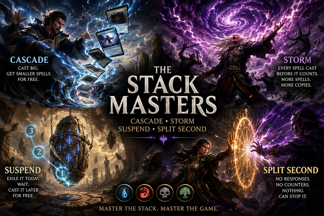 MTG Cascade, Storm, Suspend and Split Second guide image showing powerful stack mechanics as magical scenes with cascading spells, storm copies, suspended time counters, and split second energy.