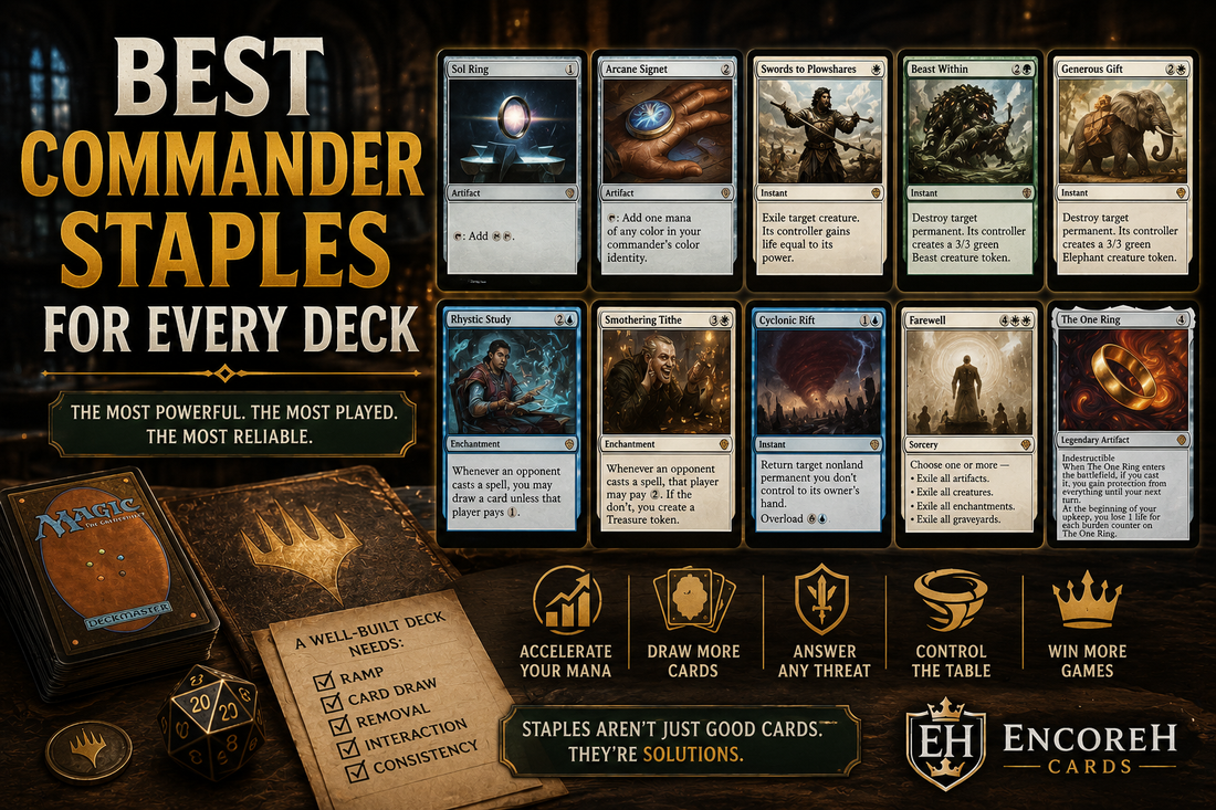 Best Commander staples guide featuring Sol Ring, Arcane Signet, Rhystic Study, Smothering Tithe, Cyclonic Rift, and other popular EDH cards used in deckbuilding.