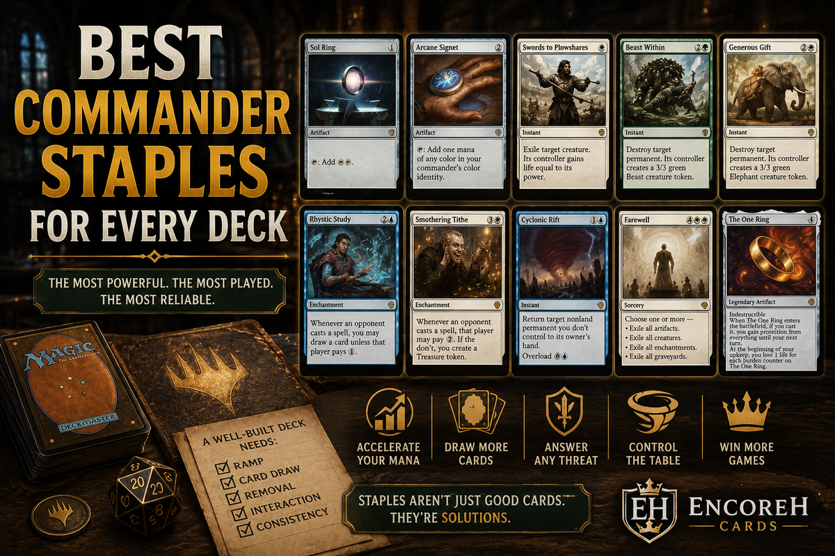 Best Commander staples guide featuring Sol Ring, Arcane Signet, Rhystic Study, Smothering Tithe, Cyclonic Rift, and other popular EDH cards used in deckbuilding.