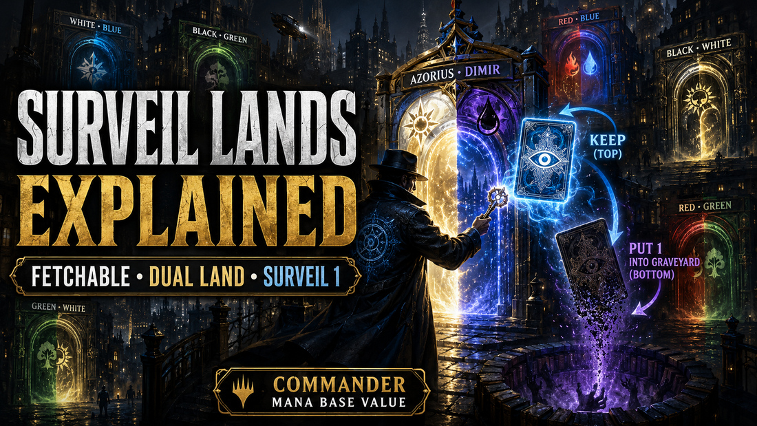 MTG Surveil Lands guide showing fetchable Commander dual lands from Murders at Karlov Manor, with two-colour mana fixing, basic land types, and surveil triggers.