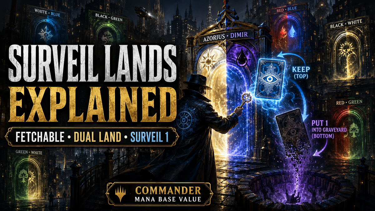 MTG Surveil Lands guide showing fetchable Commander dual lands from Murders at Karlov Manor, with two-colour mana fixing, basic land types, and surveil triggers.