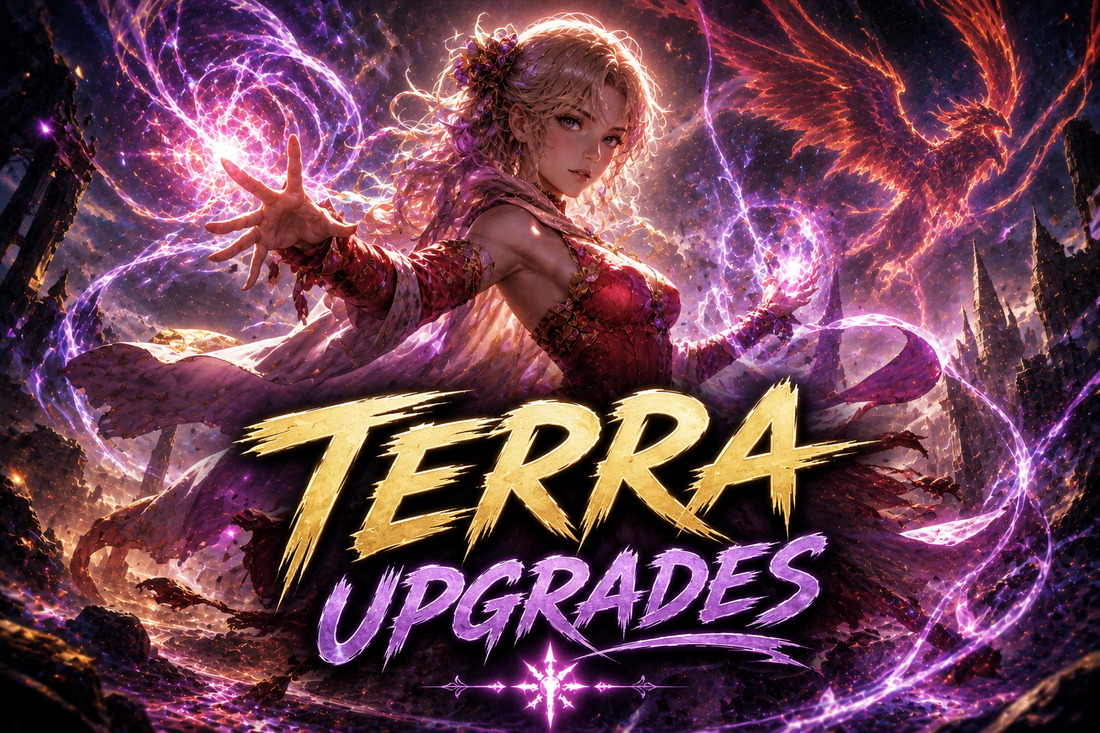 Terra Revival Trance upgrade guide for Final Fantasy Commander, showing Terra surrounded by powerful magical energy, reanimation effects, and Mardu fantasy visuals.