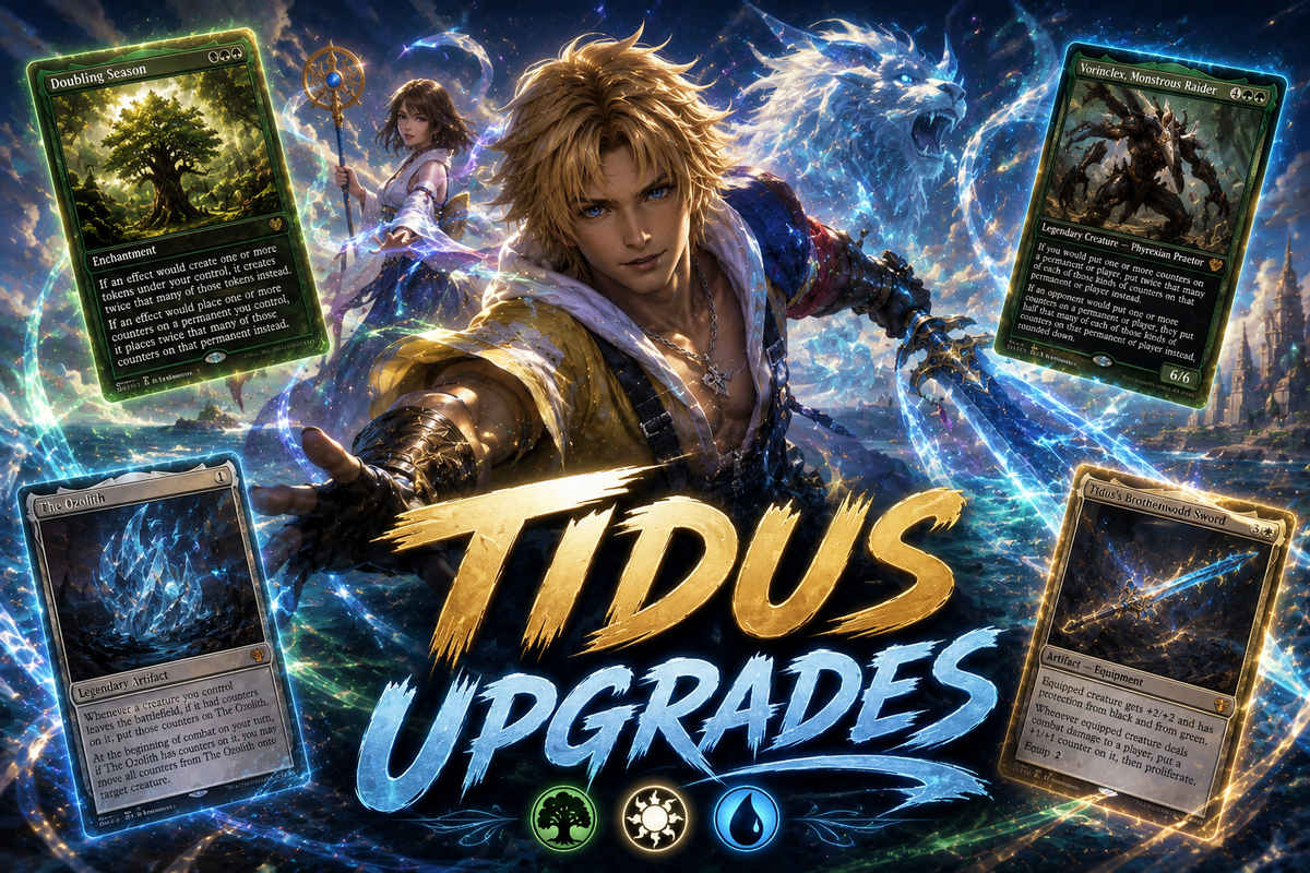 Tidus Counter Blitz upgrade guide for Final Fantasy Commander, featuring Tidus with magical counter effects, upgrade cards, proliferate support, and Bant mana symbols.