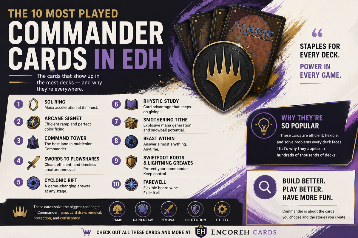 The 10 most played Commander cards in EDH guide featuring Sol Ring, Arcane Signet, Rhystic Study, Smothering Tithe, Cyclonic Rift, and other popular staples used in Commander deckbuilding.
