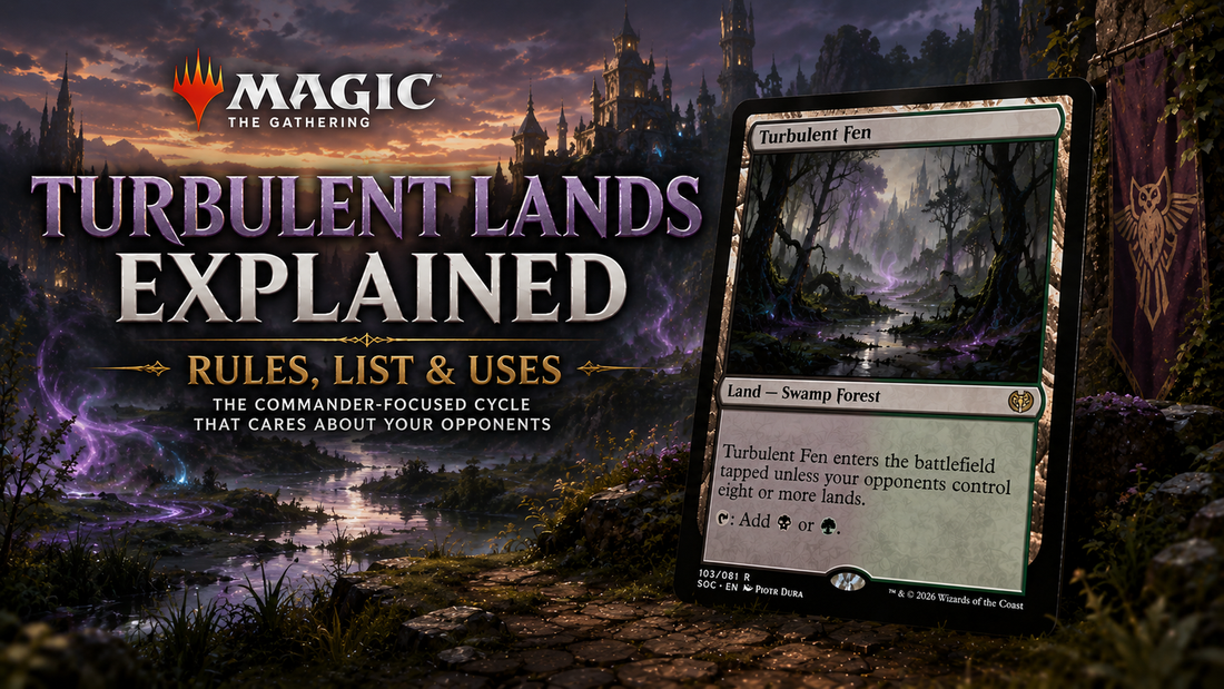 MTG Turbulent Lands guide image showing a misty Commander fantasy landscape with purple magic, distant castles, wetlands and a Turbulent Fen card.