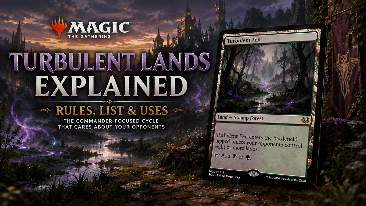 MTG Turbulent Lands guide image showing a misty Commander fantasy landscape with purple magic, distant castles, wetlands and a Turbulent Fen card.