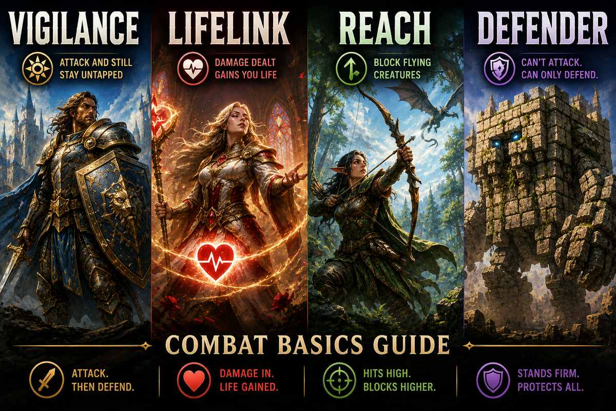 MTG Vigilance, Lifelink, Reach and Defender guide showing basic combat abilities with a vigilant warrior, lifelink healer, reach archer, and defensive wall in Commander.