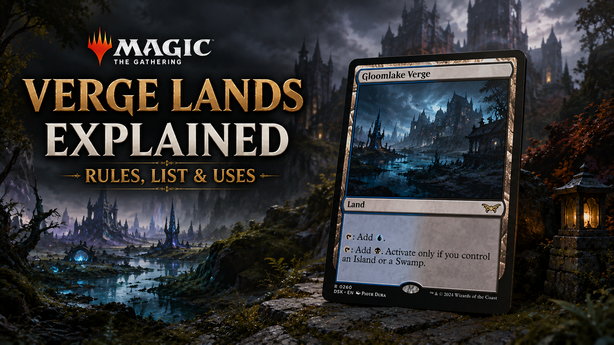MTG Verge Lands guide image showing a dark blue swamp and ruined manor landscape with glowing water, jagged spires, storm clouds and a Verge land card, representing untapped dual lands with a conditional second colour.